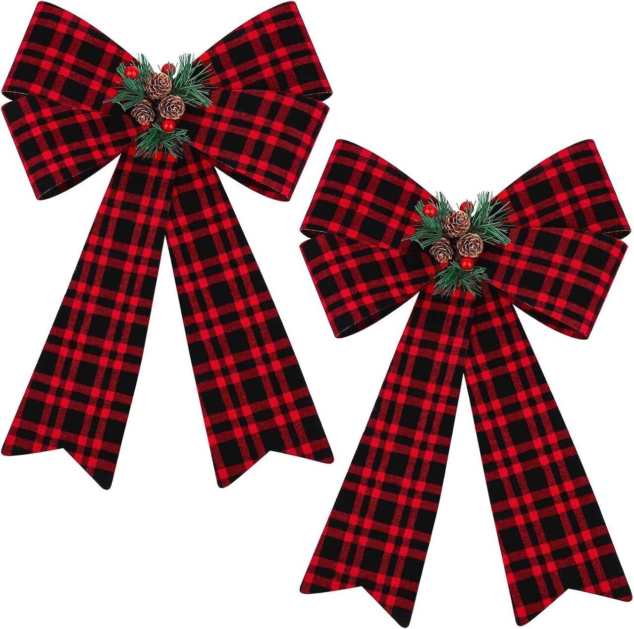 2 Pieces Christmas Red Bows Christmas Wreath Bows Xmas Buffalo Plaid Bows with Pine Cones Ornaments for Christmas Tree Indoor Outdoor Decorations (Black, Red, Green)